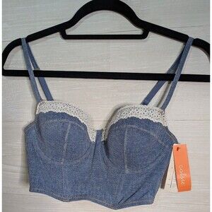 NEW Colsie Denim Bustier Top S Small Blue Jeans Lace Trim Padded Corset Bralette
